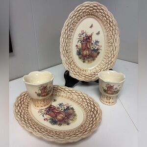 Vintage Cracker Barrel “Easter Treasures” Set of 2 Egg Cups and 2 Plates EUC
